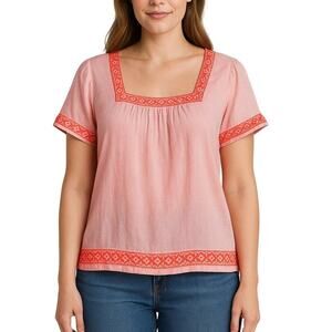 J.Crew Factory Square Neck Short Sleeve Embroidered Linen Top Pink size Medium